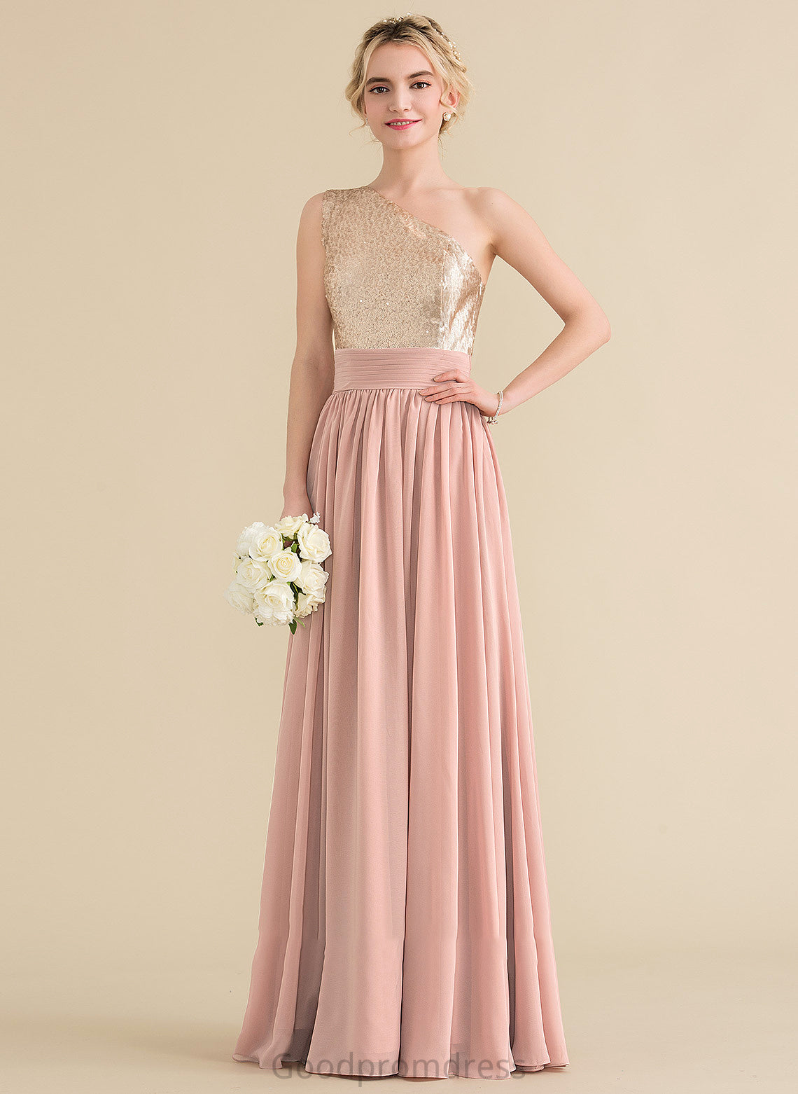 A-Line Straps Floor-Length Neckline Length Silhouette One-Shoulder Fabric Sequined Mabel Floor Length Natural Waist Bridesmaid Dresses