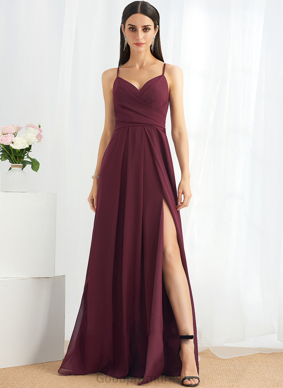 A-Line Ruffle V-neck Floor-Length Length Embellishment Fabric Silhouette Neckline SplitFront Adison One Shoulder Bridesmaid Dresses