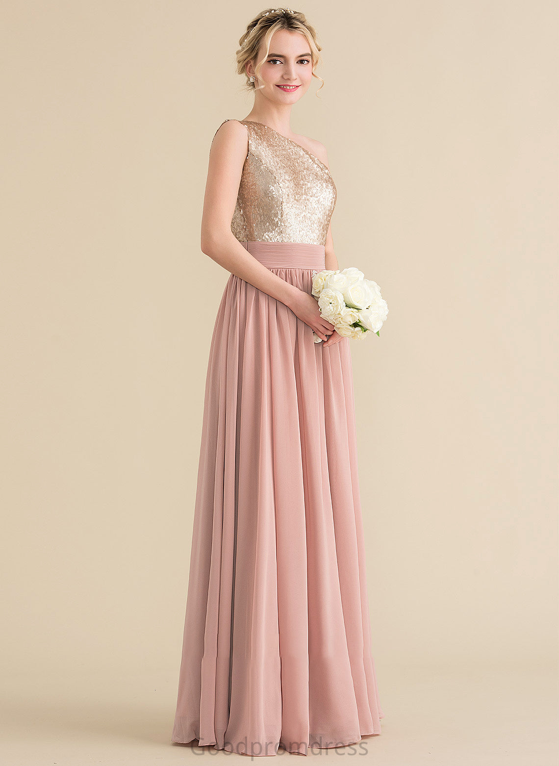 A-Line Straps Floor-Length Neckline Length Silhouette One-Shoulder Fabric Sequined Mabel Floor Length Natural Waist Bridesmaid Dresses