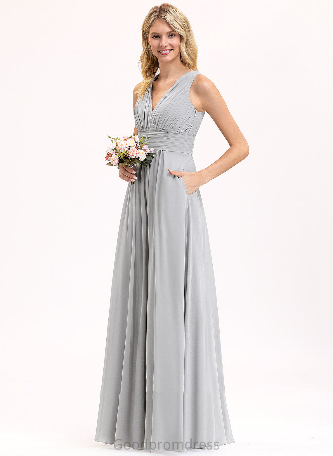 A-Line Ruffle Embellishment Silhouette V-neck Floor-Length Neckline Fabric Length Bow(s) Pockets Camille Bridesmaid Dresses