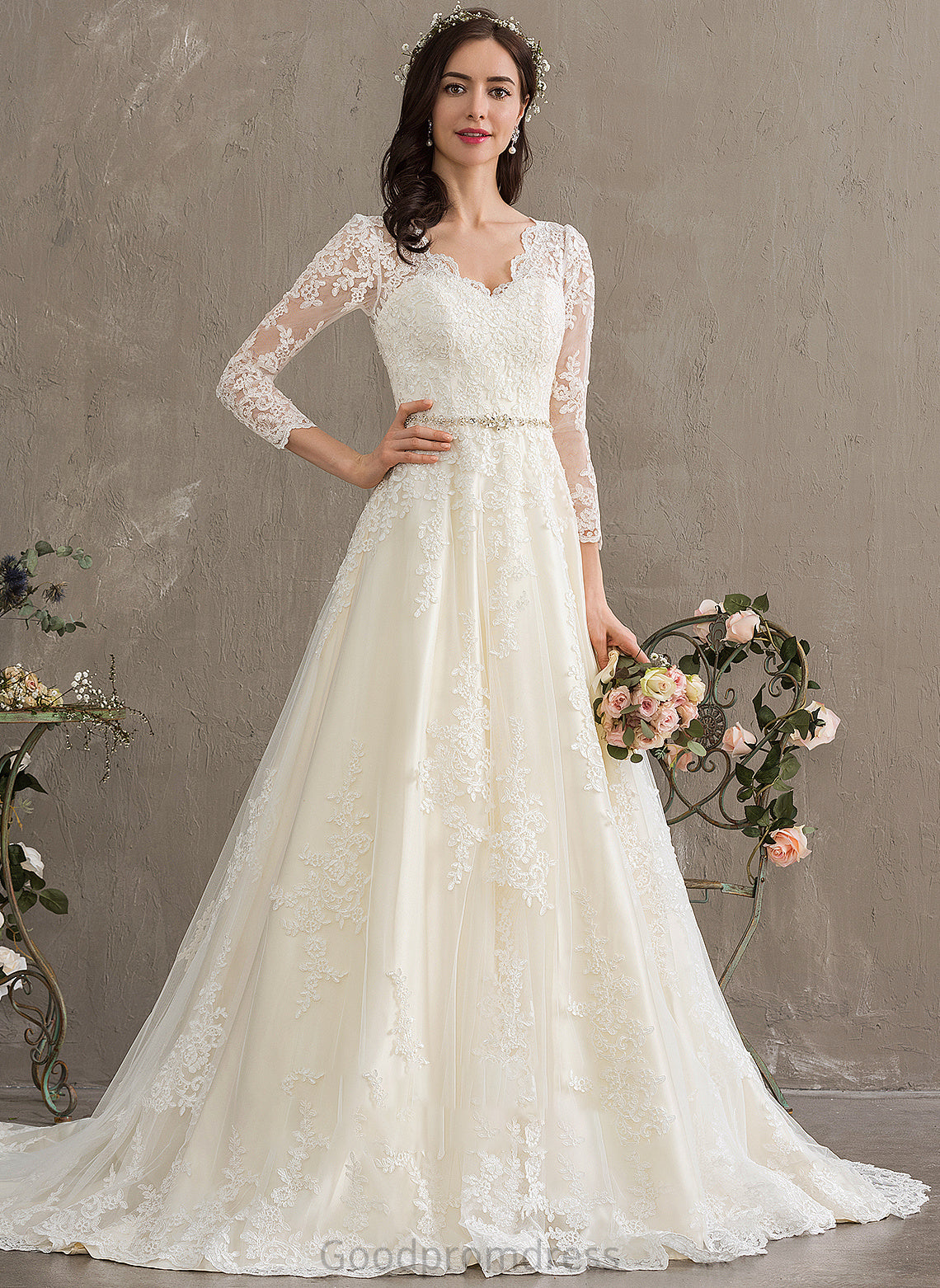 Beading Ball-Gown/Princess Sequins Wedding V-neck Chapel Dress With Kylee Train Wedding Dresses Tulle