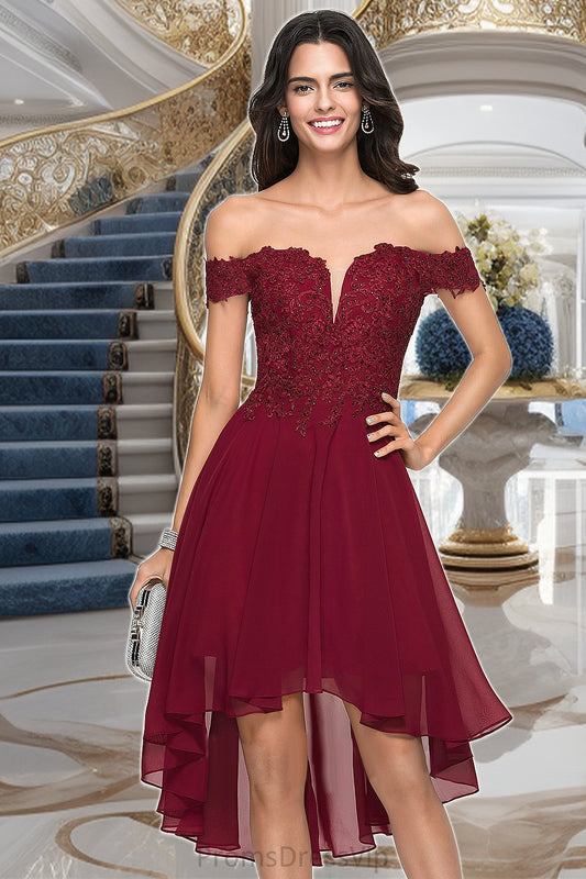 Sharon A-line Off the Shoulder Asymmetrical Chiffon Homecoming Dress With Beading HLP0020582