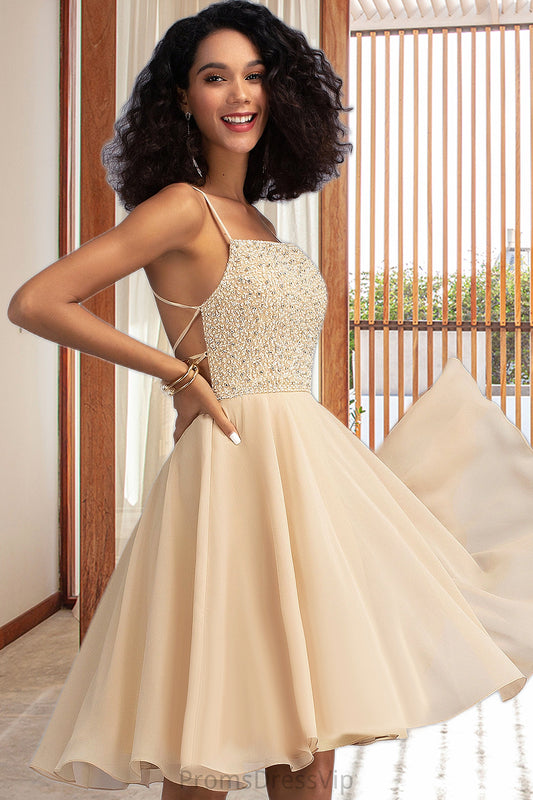 Hortensia A-line Square Knee-Length Chiffon Homecoming Dress With Beading Sequins HLP0020575
