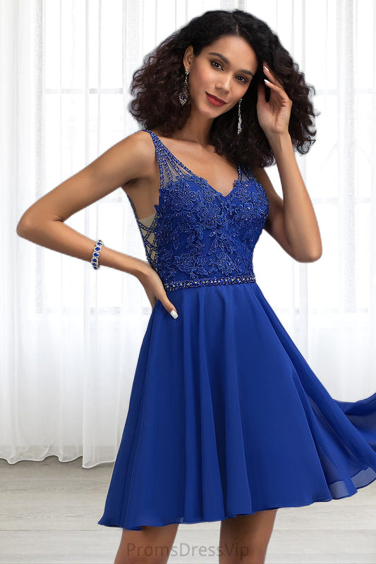 Janet A-line V-Neck Short/Mini Chiffon Lace Homecoming Dress With Beading HLP0020563