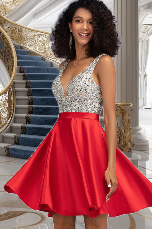 Anya A-line V-Neck Short/Mini Satin Homecoming Dress With Beading Sequins HLP0020569