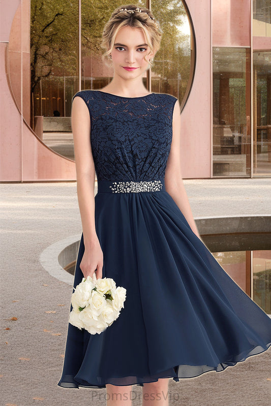 Annabel A-line Scoop Knee-Length Chiffon Lace Homecoming Dress With Beading Bow HLP0020588