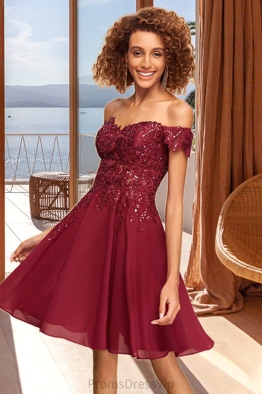 Ally A-line Off the Shoulder Short/Mini Chiffon Lace Homecoming Dress With Sequins HLP0020528