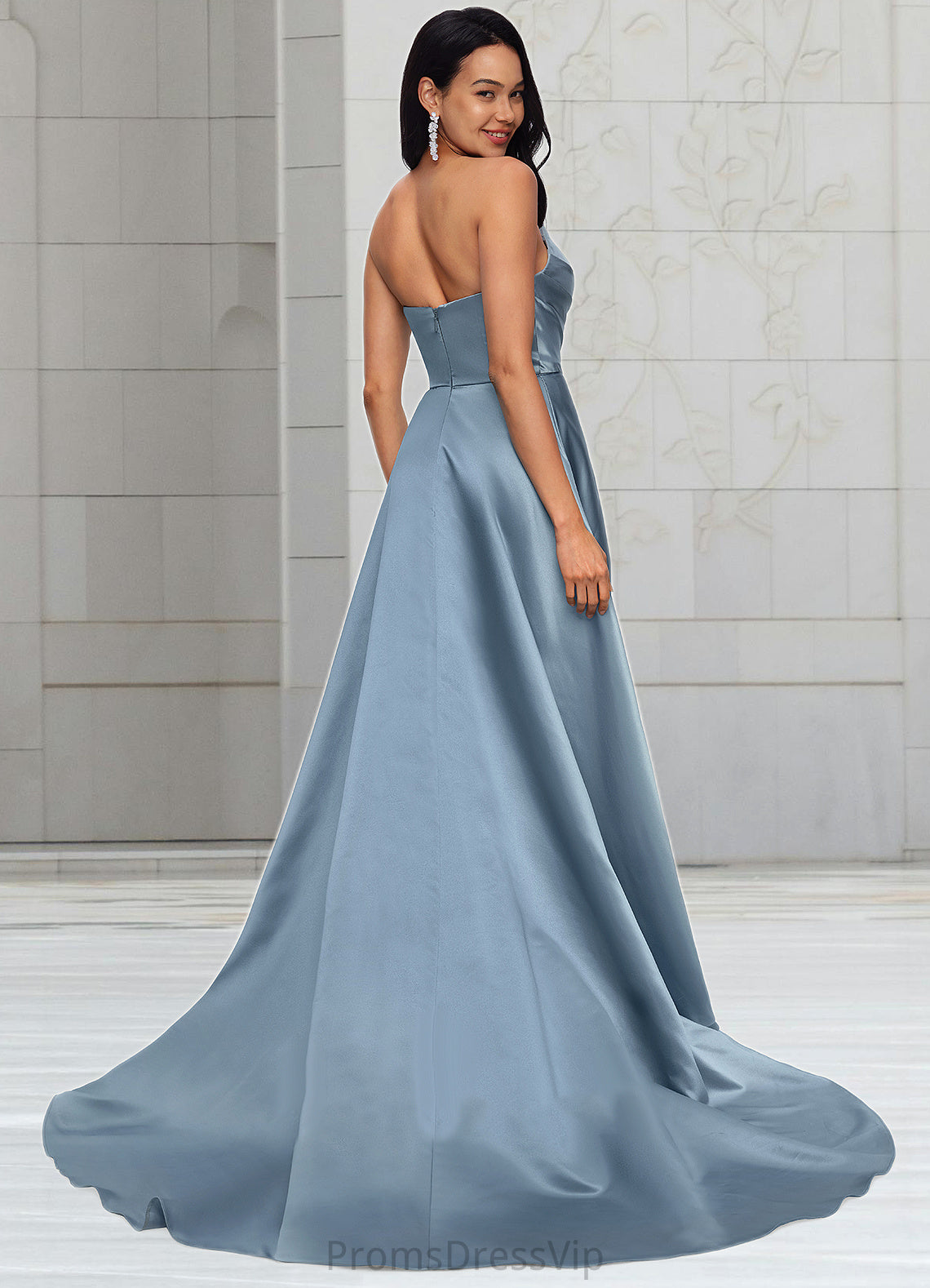 Krystal Ball-Gown/Princess V-Neck Sweep Train Satin Prom Dresses HLP0022191