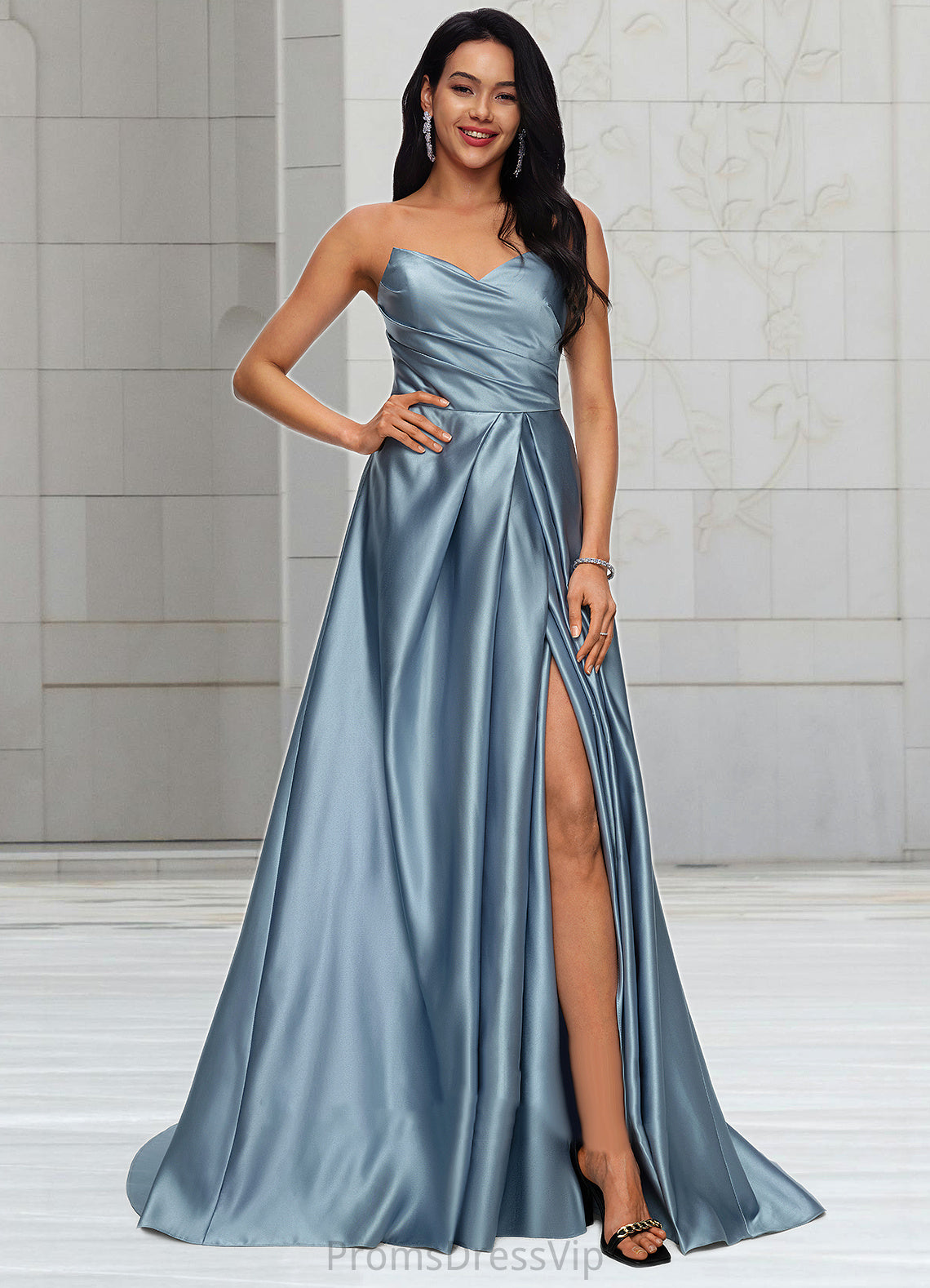 Krystal Ball-Gown/Princess V-Neck Sweep Train Satin Prom Dresses HLP0022191
