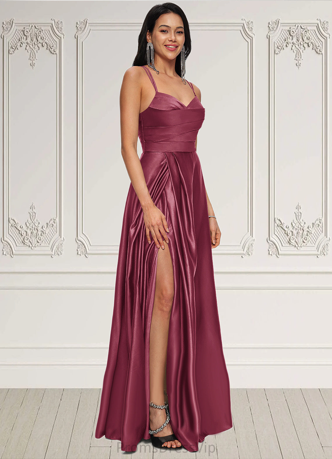 Anika A-line V-Neck Floor-Length Satin Prom Dresses HLP0022197