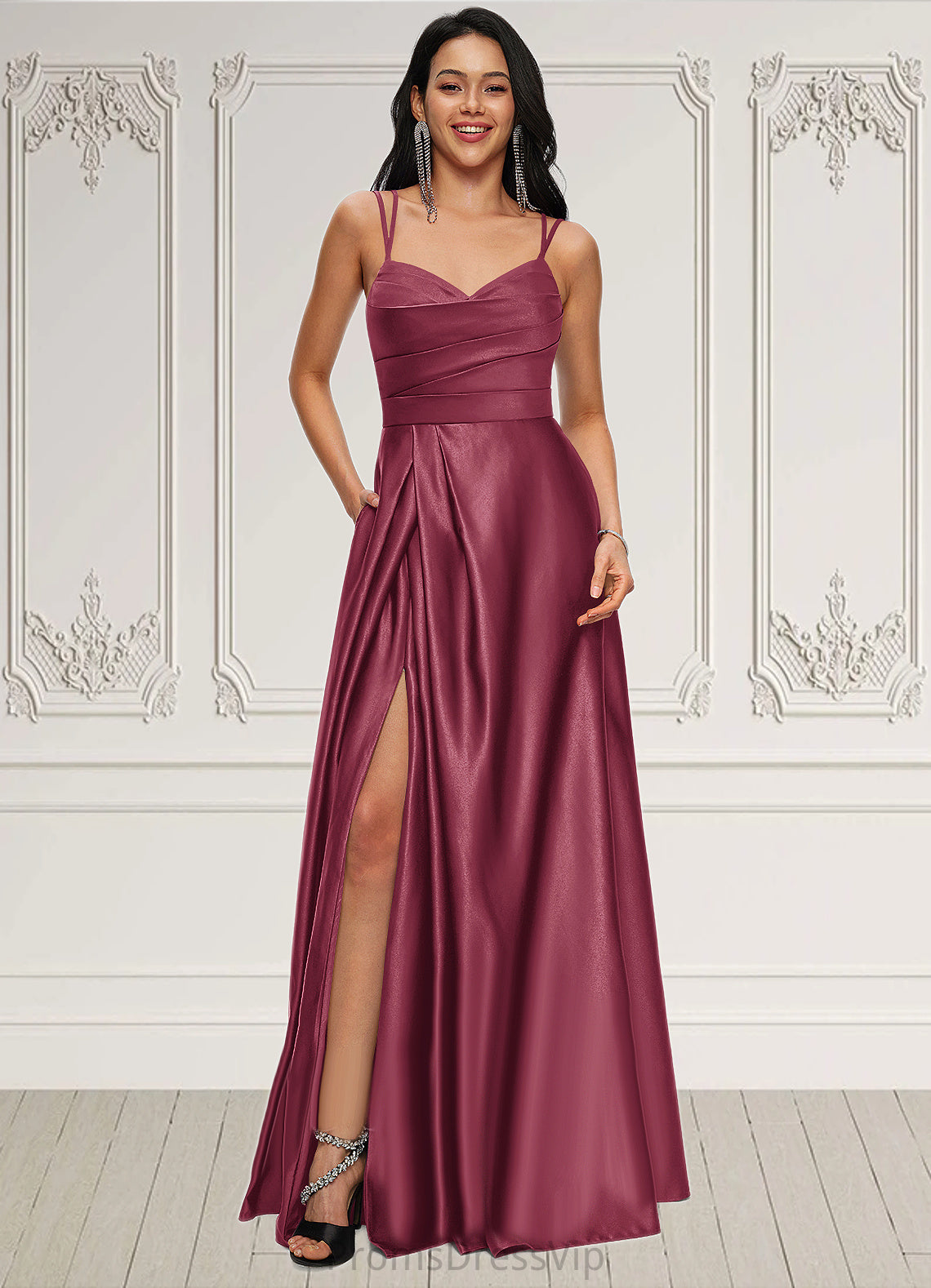 Anika A-line V-Neck Floor-Length Satin Prom Dresses HLP0022197