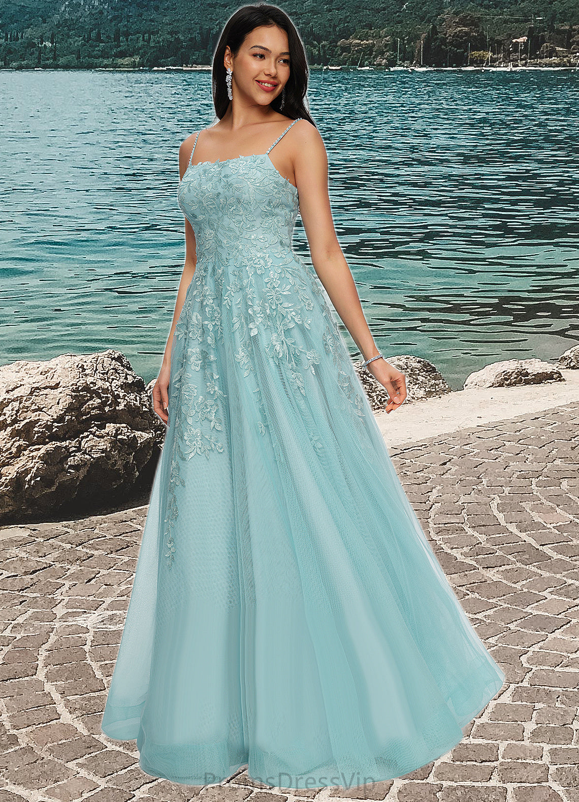 Nyasia Ball-Gown/Princess Straight Floor-Length Tulle Prom Dresses With Appliques Lace Sequins HLP0022206