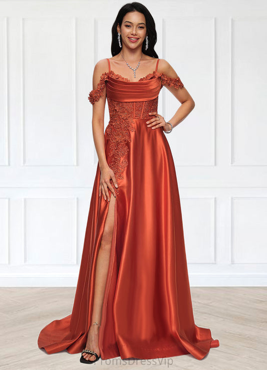 Marisol A-line Off the Shoulder Sweep Train Satin Prom Dresses With Rhinestone HLP0022208