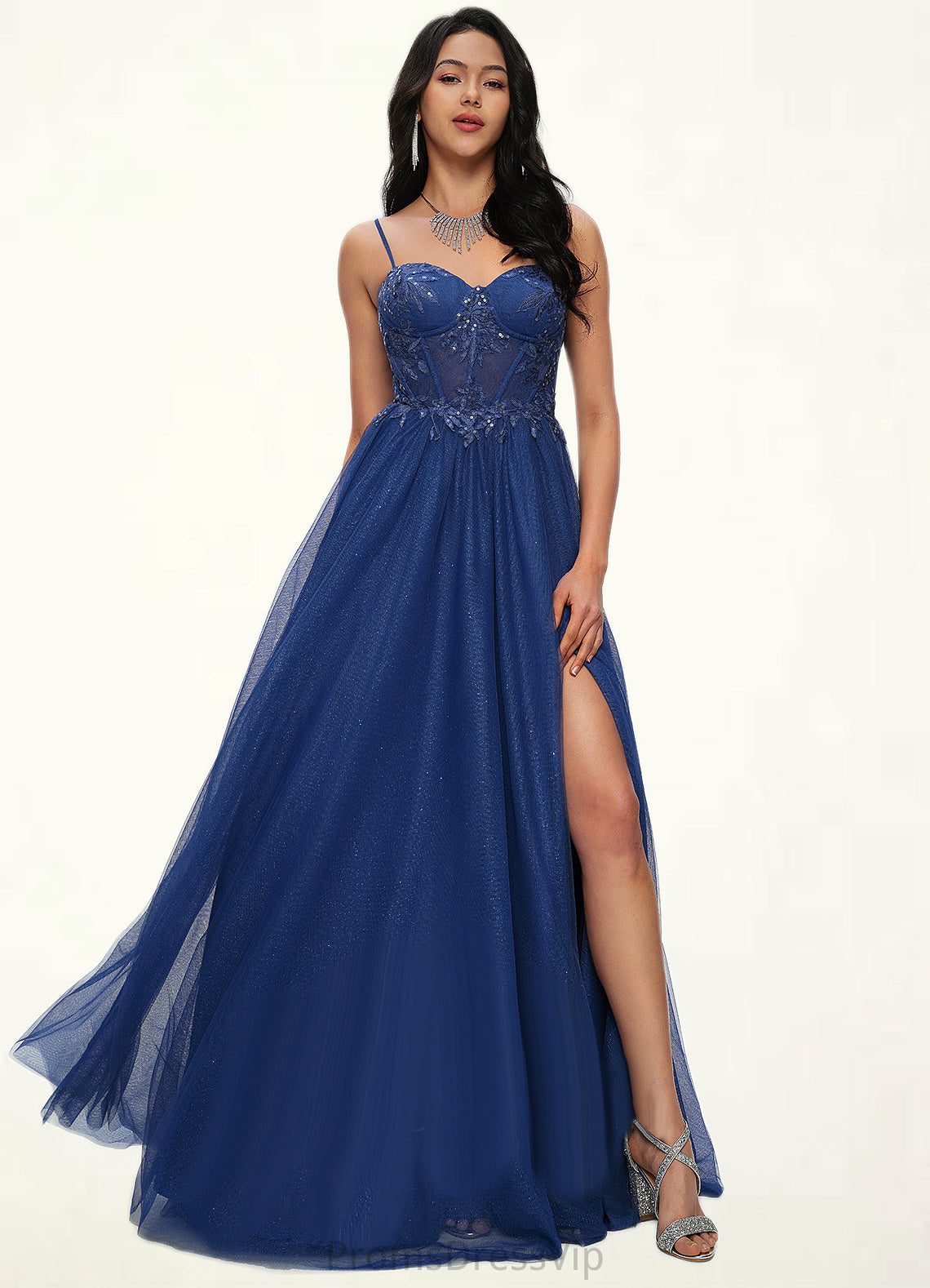 Janey Ball-Gown/Princess Sweetheart Sweep Train Tulle Prom Dresses With Appliques Lace Sequins HLP0022210