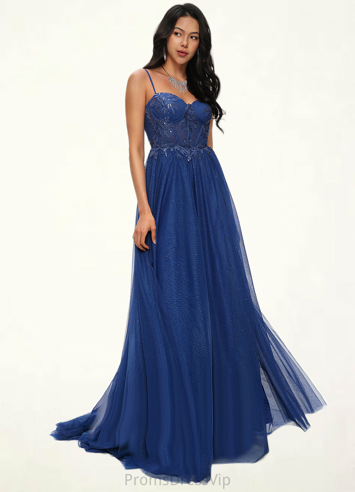 Janey Ball-Gown/Princess Sweetheart Sweep Train Tulle Prom Dresses With Appliques Lace Sequins HLP0022210