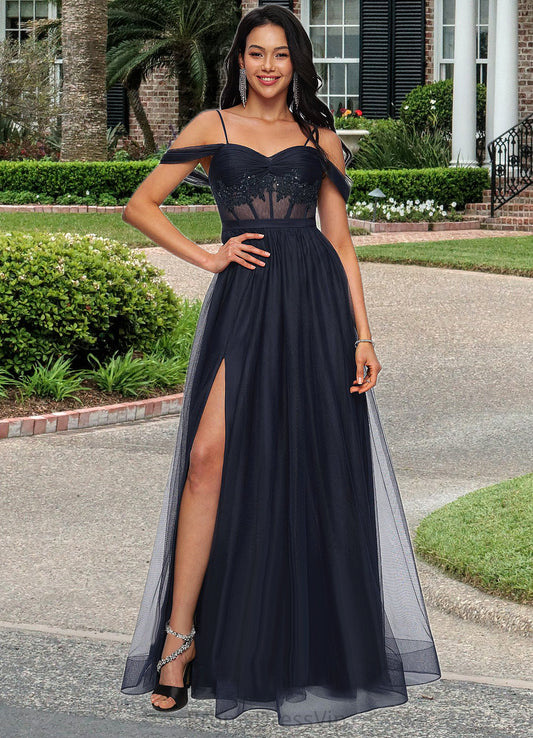 Deanna Ball-Gown/Princess Off the Shoulder Floor-Length Tulle Prom Dresses With Appliques Lace Sequins HLP0022221