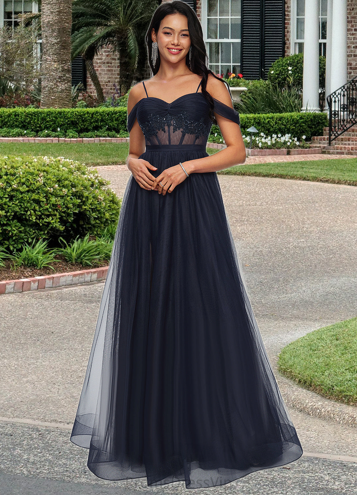 Deanna Ball-Gown/Princess Off the Shoulder Floor-Length Tulle Prom Dresses With Appliques Lace Sequins HLP0022221