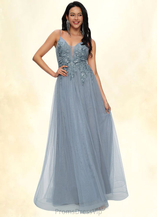 Jadyn A-line V-Neck Floor-Length Tulle Prom Dresses With Appliques Lace Sequins HLP0022223