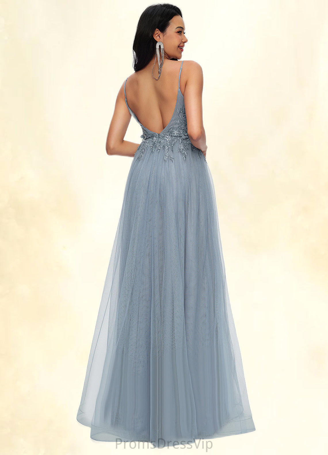 Jadyn A-line V-Neck Floor-Length Tulle Prom Dresses With Appliques Lace Sequins HLP0022223