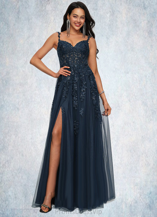 Aliana A-line V-Neck Floor-Length Tulle Prom Dresses With Sequins HLP0022224
