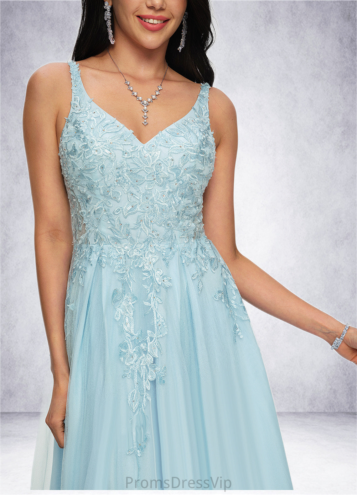 Isabela A-line V-Neck Floor-Length Tulle Prom Dresses With Rhinestone Appliques Lace Sequins HLP0022225