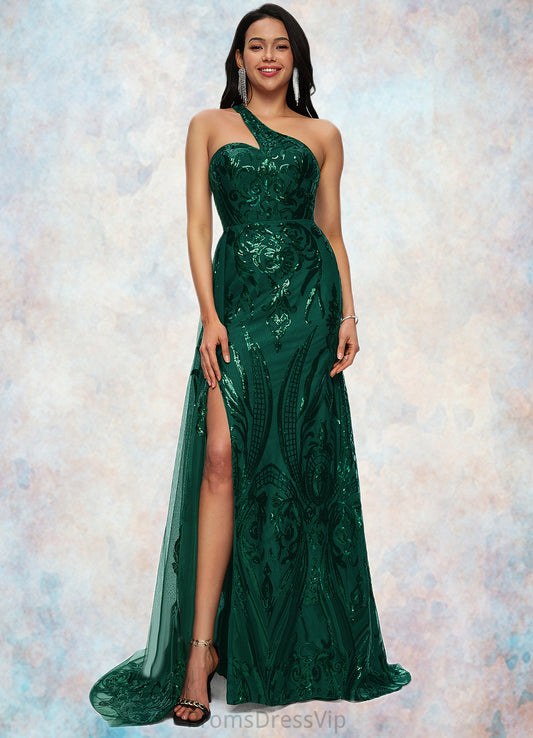 Jaliyah Trumpet/Mermaid One Shoulder Sweep Train Sequin Prom Dresses With Sequins HLP0022226