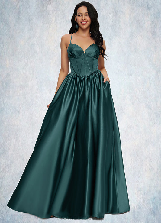 Elisabeth Ball-Gown/Princess V-Neck Floor-Length Satin Prom Dresses With Pleated HLP0022230