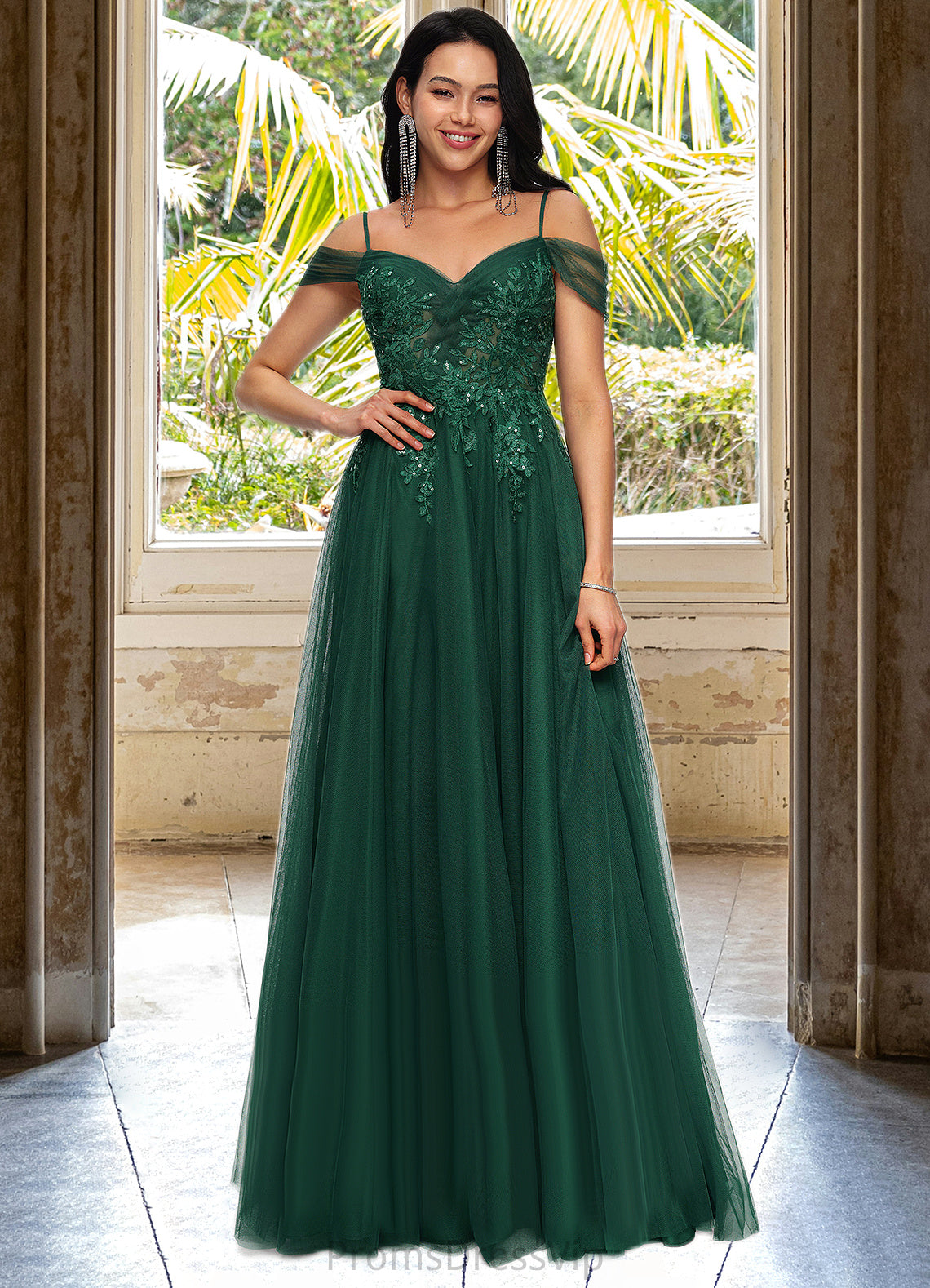 Kinley A-line Off the Shoulder Floor-Length Tulle Prom Dresses With Appliques Lace Sequins HLP0022231