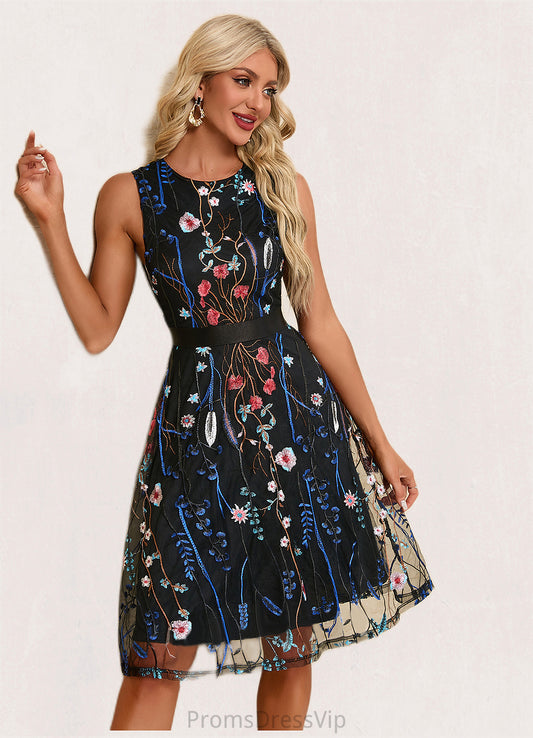 Hayley Flower Jacquard Scoop Elegant A-line Tulle Midi Dresses HLP0022247