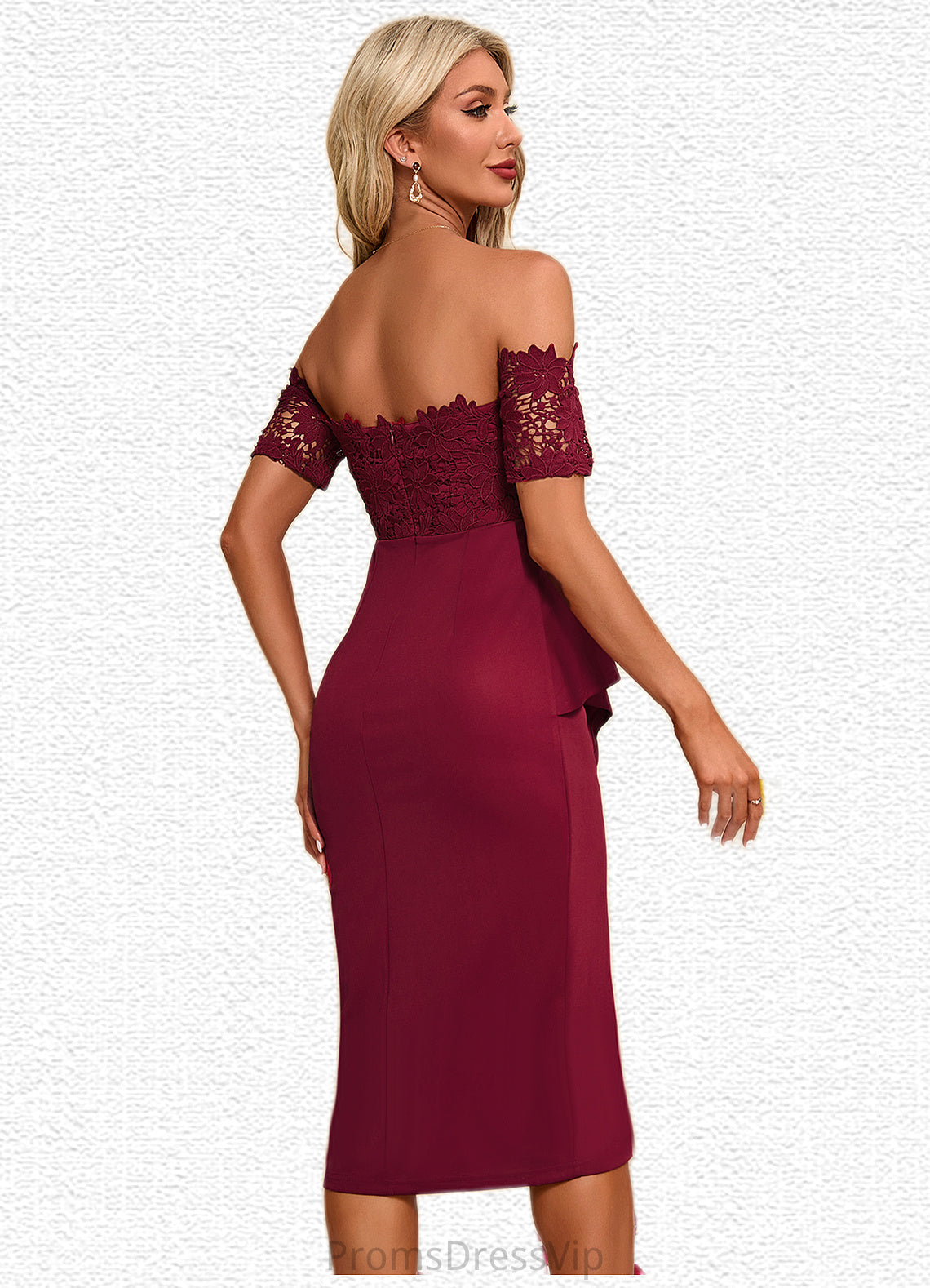 Simone Flower Ruffle Off the Shoulder Elegant Sheath/Column Lace Polyester Asymmetrical Dresses HLP0022276