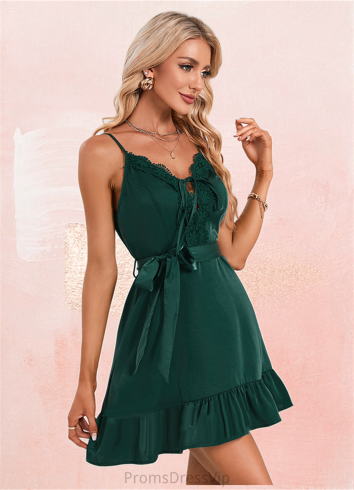 Rachel Appliques Lace Halter Elegant A-line Satin Mini Dresses HLP0022413