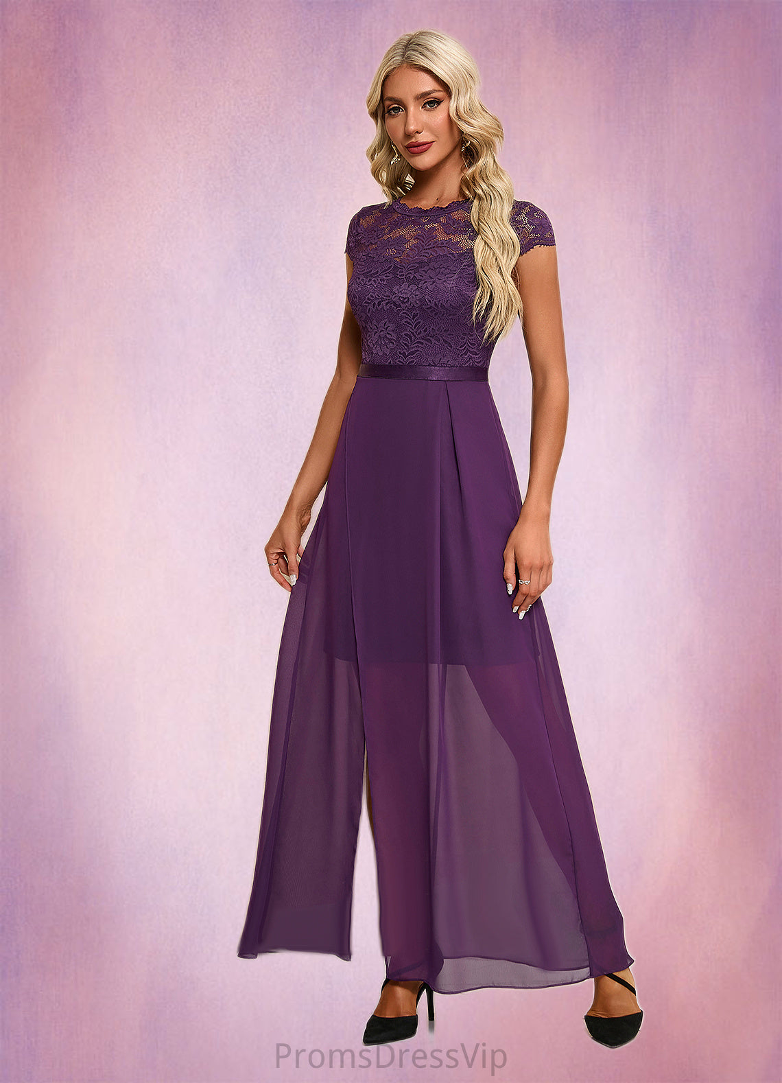 Lyric Illusion Elegant A-line Chiffon Lace Maxi Dresses HLP0022451