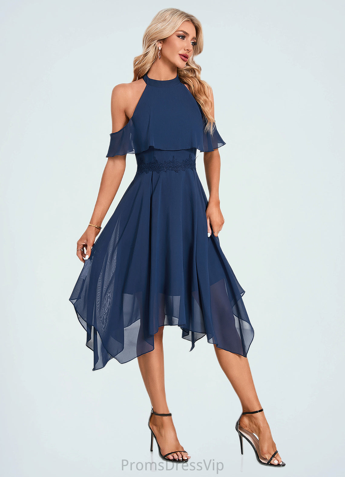 Lexi Appliques Lace Off the Shoulder Elegant A-line Chiffon Asymmetrical Dresses HLP0022489