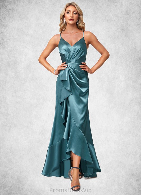 Baylee A-line V-Neck Asymmetrical Stretch Satin Bridesmaid Dress With Ruffle HLP0022584