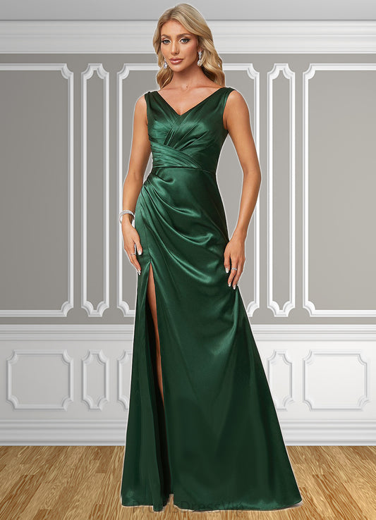 Cloe A-line V-Neck Floor-Length Stretch Satin Bridesmaid Dress HLP0022590