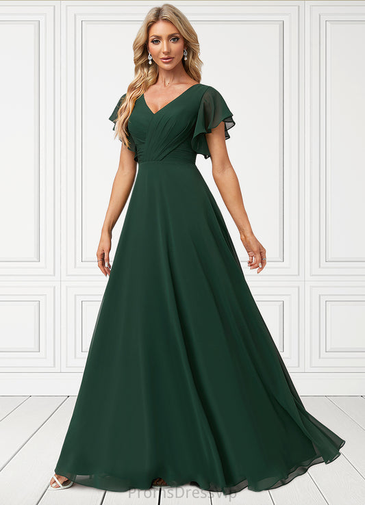 Maleah A-line V-Neck Floor-Length Chiffon Bridesmaid Dress With Ruffle HLP0022591