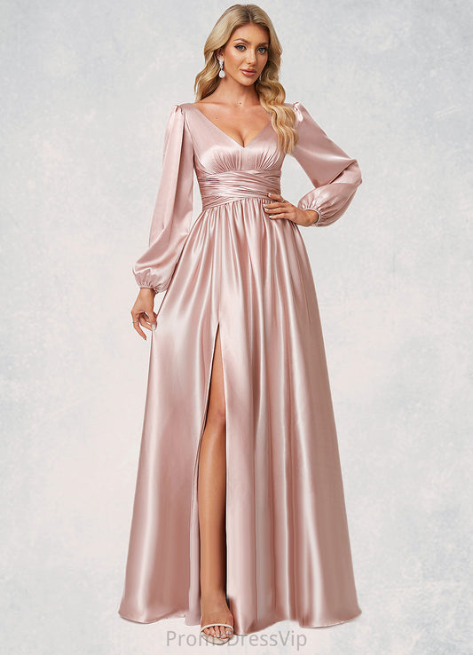 Muriel A-line V-Neck Floor-Length Stretch Satin Bridesmaid Dress HLP0022597