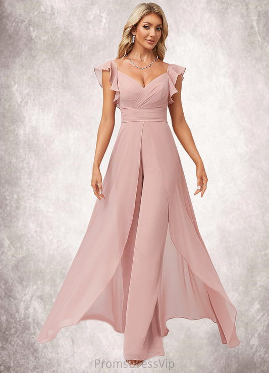 Meg Jumpsuit/Pantsuit V-Neck Floor-Length Chiffon Bridesmaid Dress With Ruffle HLP0022600