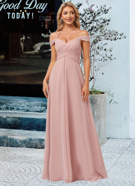 Kathleen A-line Cold Shoulder Halter Floor-Length Chiffon Lace Bridesmaid Dress HLP0022601