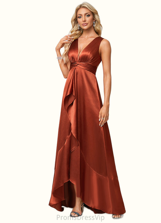 Eleanor A-line V-Neck Asymmetrical Stretch Satin Bridesmaid Dress With Ruffle HLP0022606