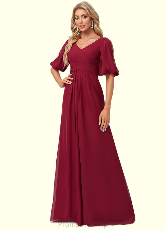 Karissa A-line V-Neck Floor-Length Chiffon Bridesmaid Dress HLP0022608