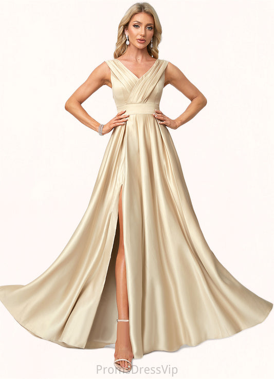 Beryl A-line V-Neck Floor-Length Satin Bridesmaid Dress HLP0022612