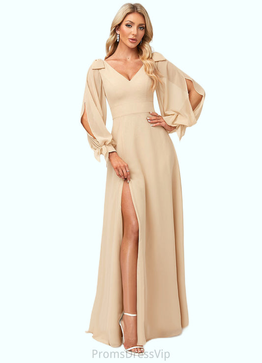 Hortensia A-line V-Neck Floor-Length Chiffon Bridesmaid Dress With Bow HLP0022613