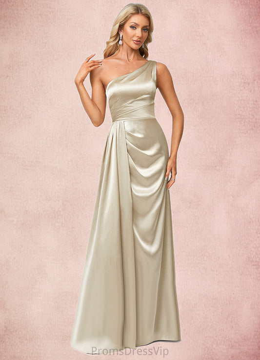 Maci A-line One Shoulder Floor-Length Stretch Satin Bridesmaid Dress With Ruffle HLP0022614
