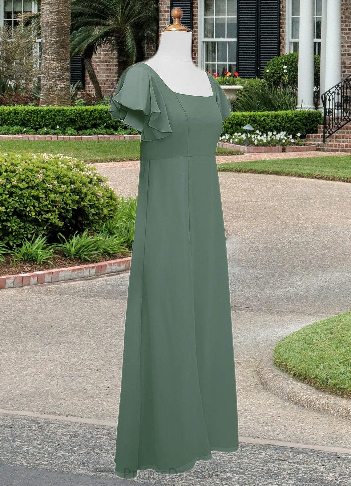 Camille A-Line Bow Chiffon Floor-Length Junior Bridesmaid Dress Eucalyptus HLP0022847