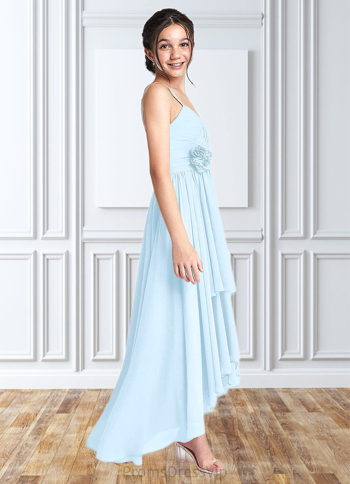 Susie A-Line Ruched Chiffon Asymmetrical Junior Bridesmaid Dress Sky Blue HLP0022848