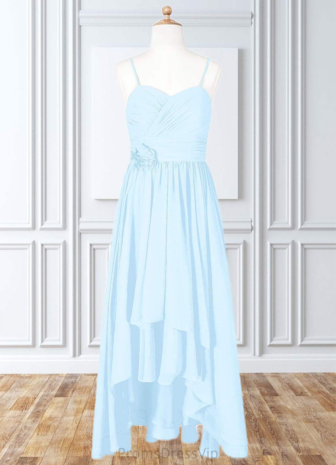Susie A-Line Ruched Chiffon Asymmetrical Junior Bridesmaid Dress Sky Blue HLP0022848