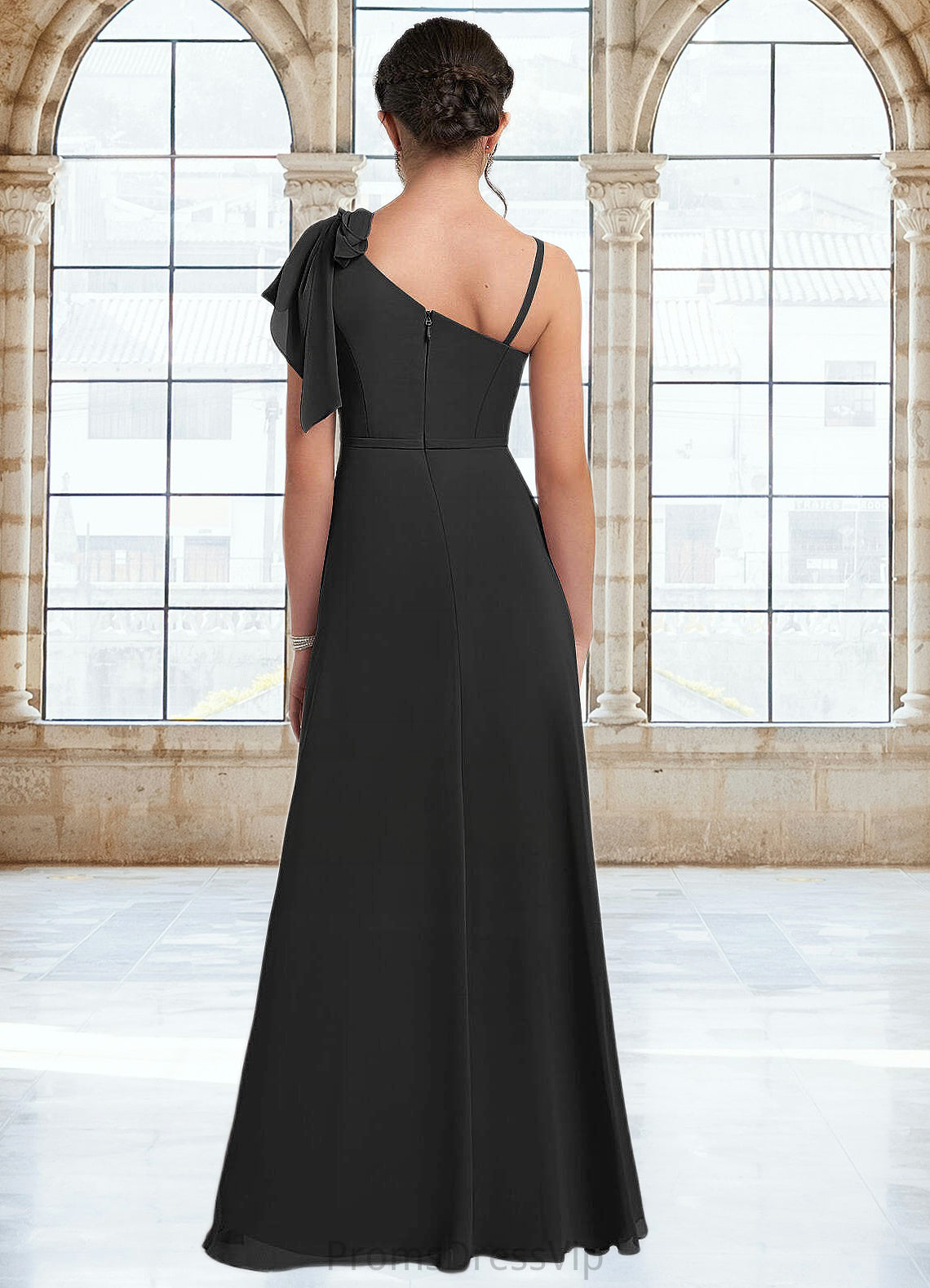 Aleena A-Line Bow Chiffon Floor-Length Junior Bridesmaid Dress black HLP0022850
