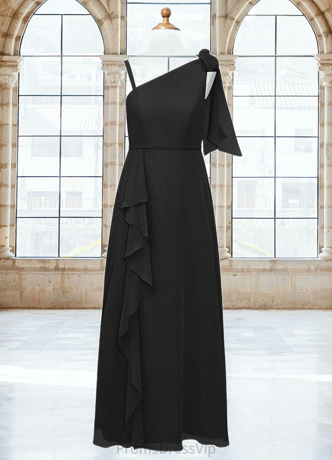 Aleena A-Line Bow Chiffon Floor-Length Junior Bridesmaid Dress black HLP0022850