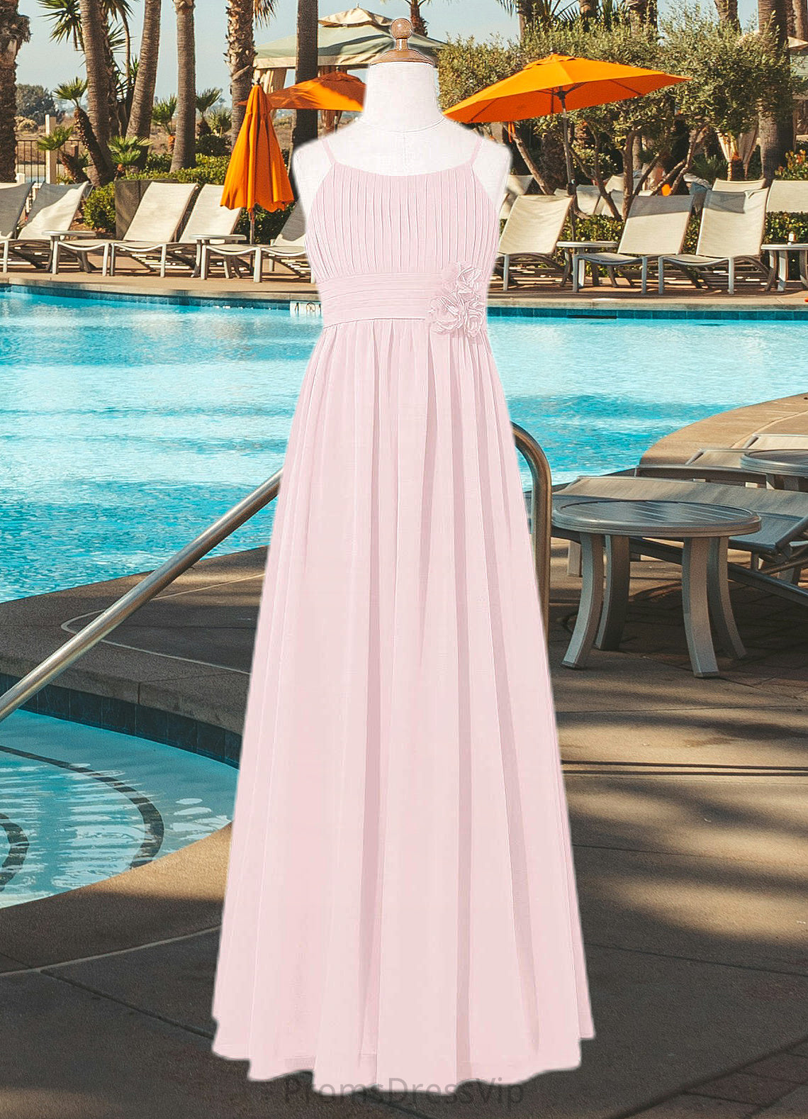 Jaylee A-Line Floral Chiffon Floor-Length Junior Bridesmaid Dress Blushing Pink HLP0022851